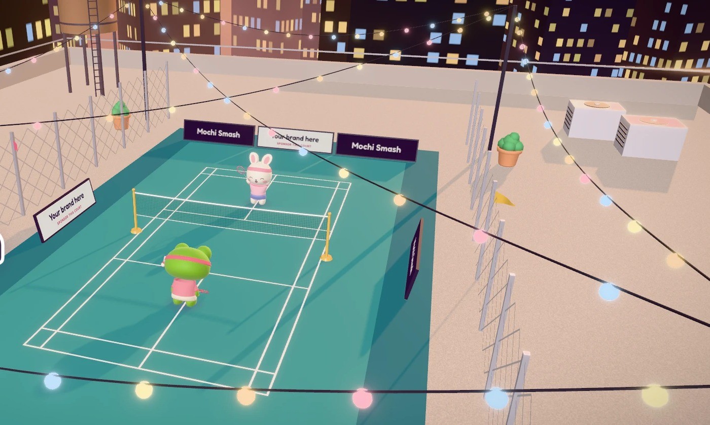 The rooftop court at night.