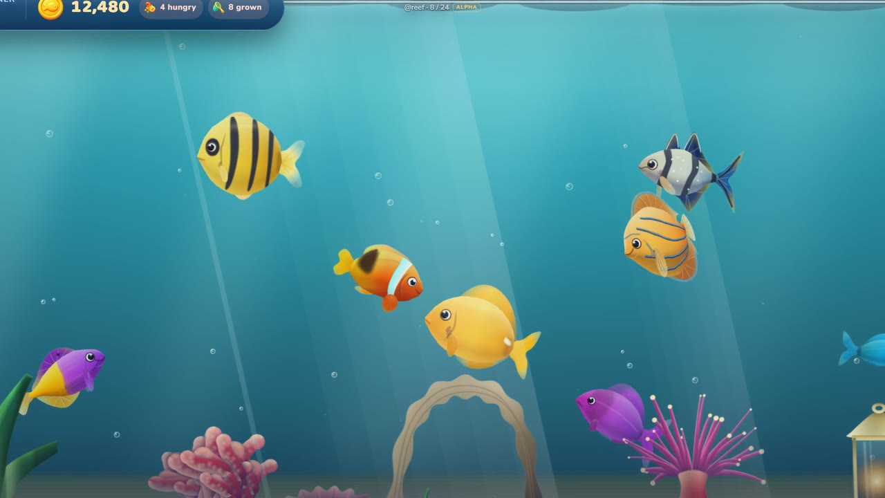 A tank of fish, with the coin count and hungry fish along the top.