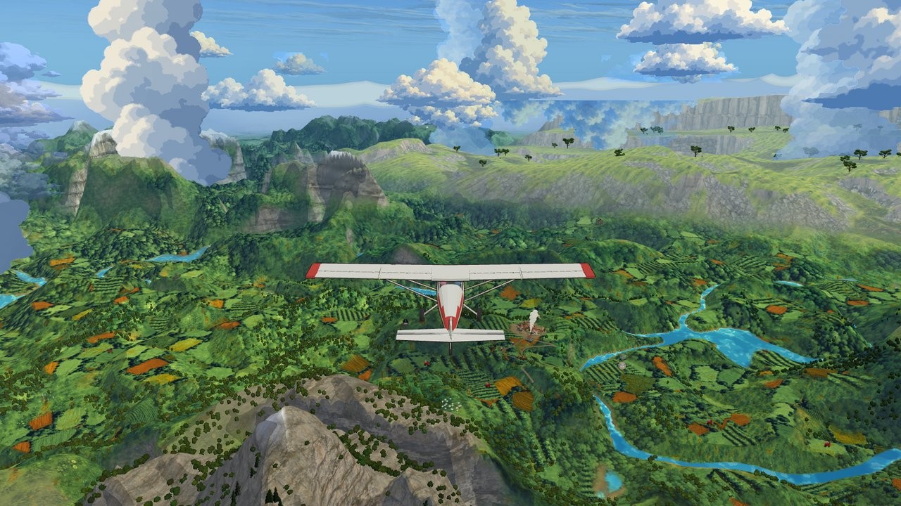 Flying out over the mountains and fields.