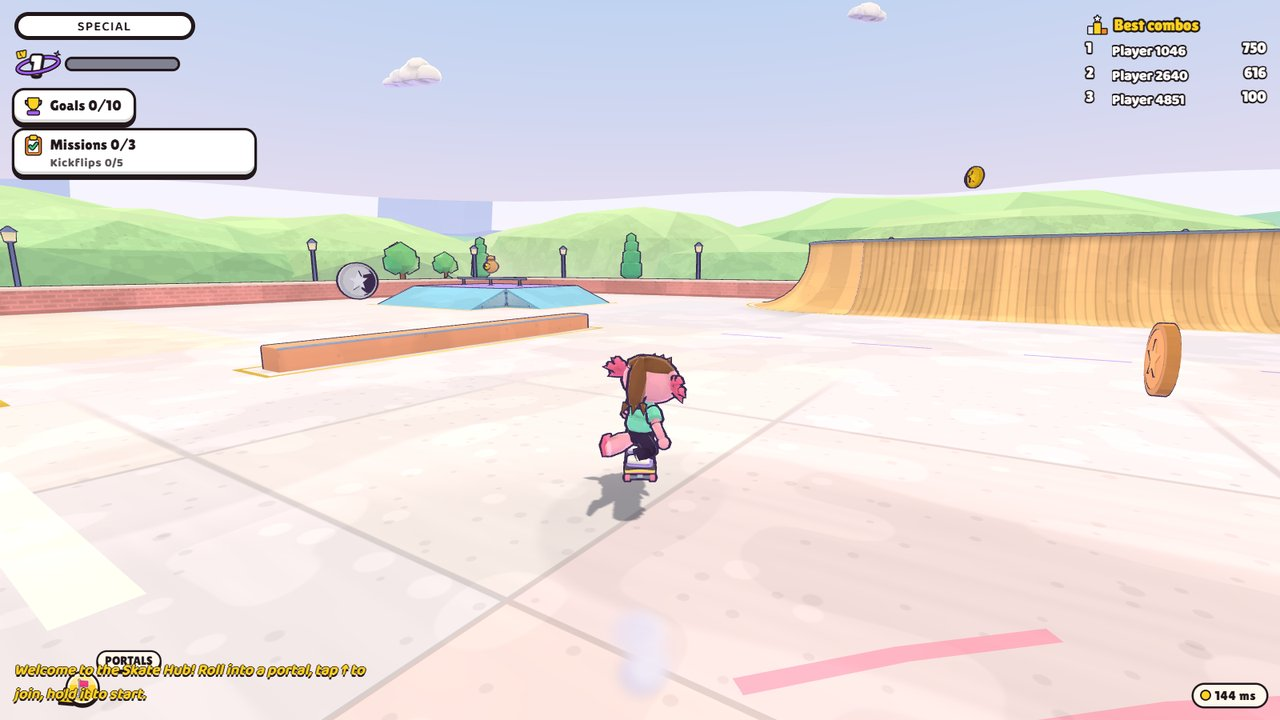 Rolling through the park, past a quarter pipe and ledges.