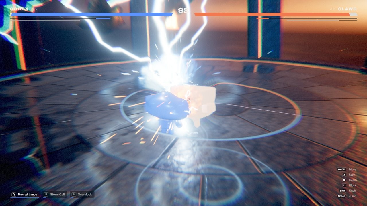 The two meeting in the middle of the arena.