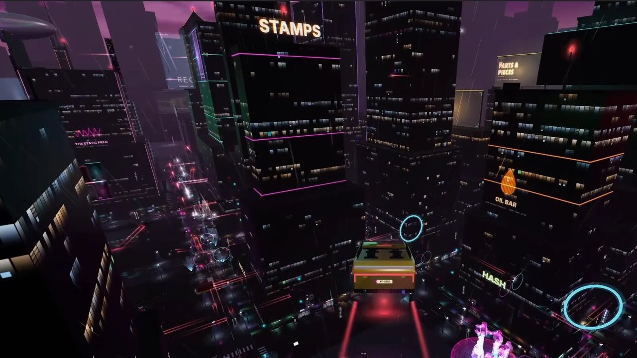 A street race through the rings, between the towers.