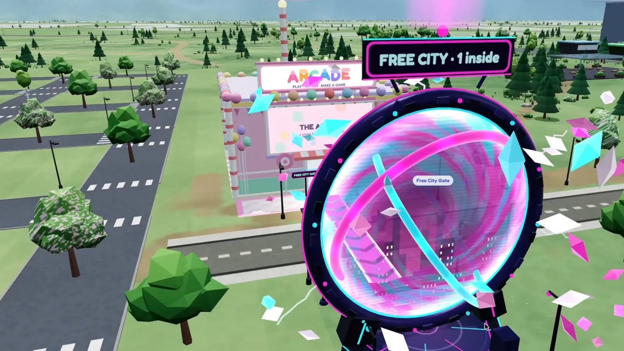 The Free City Gate, in front of the Arcade in Free Bots World.