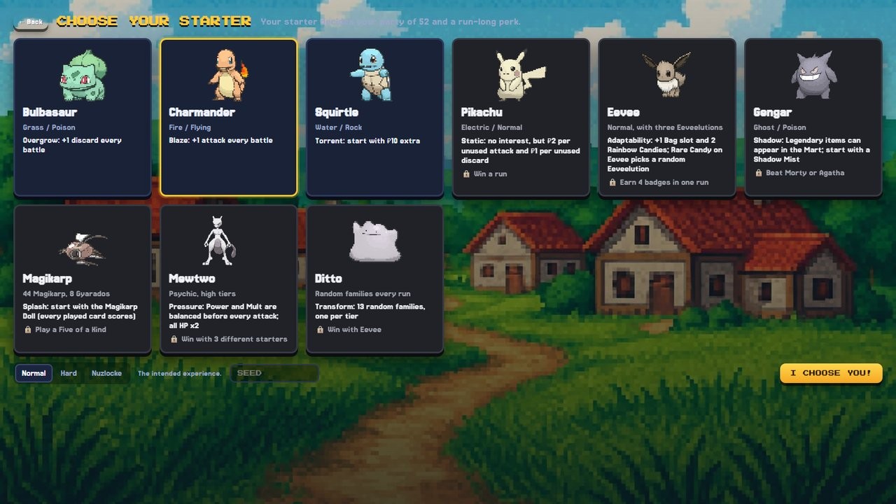 Choosing a starter, each with its own perk for the run.