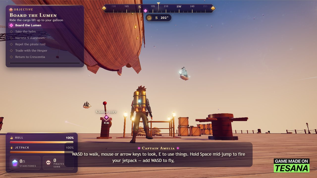 On the dock, with Captain Amelia explaining the jetpack.