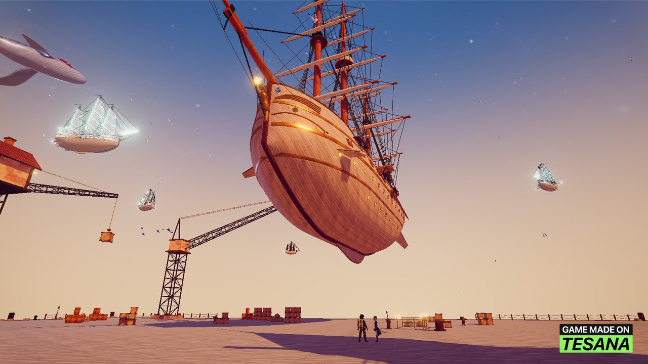 Crescentia Port, with the Lumen and other ships in the sky.