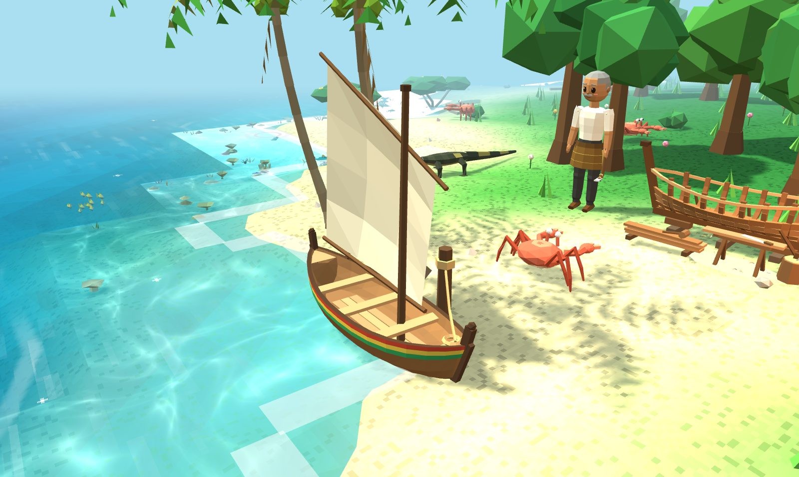 A handmade perahu with a cream sail, moored on the beach.