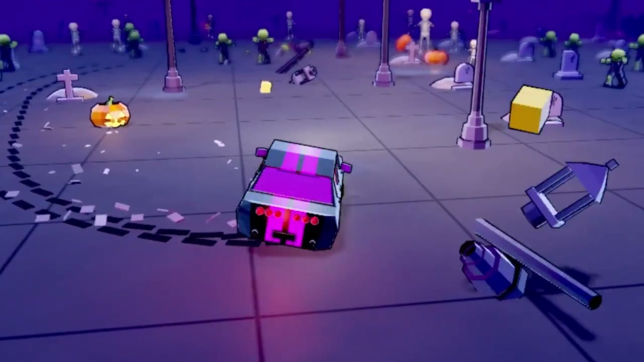 Zoomscar, drifting round the graveyard past a flattened lamp post.