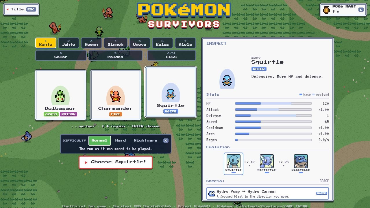 Choosing a starter, with its stats and evolution line.