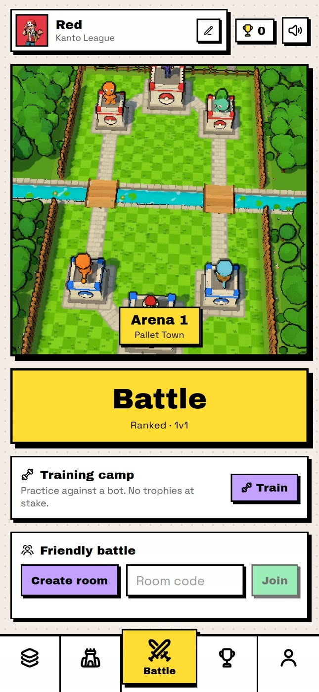 Arena 1, Pallet Town - ranked battle, training camp or a friendly room.