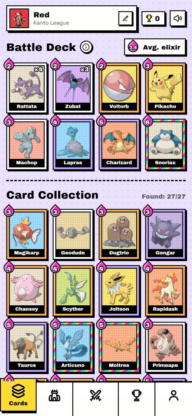 A battle deck of eight, and the card collection below it.