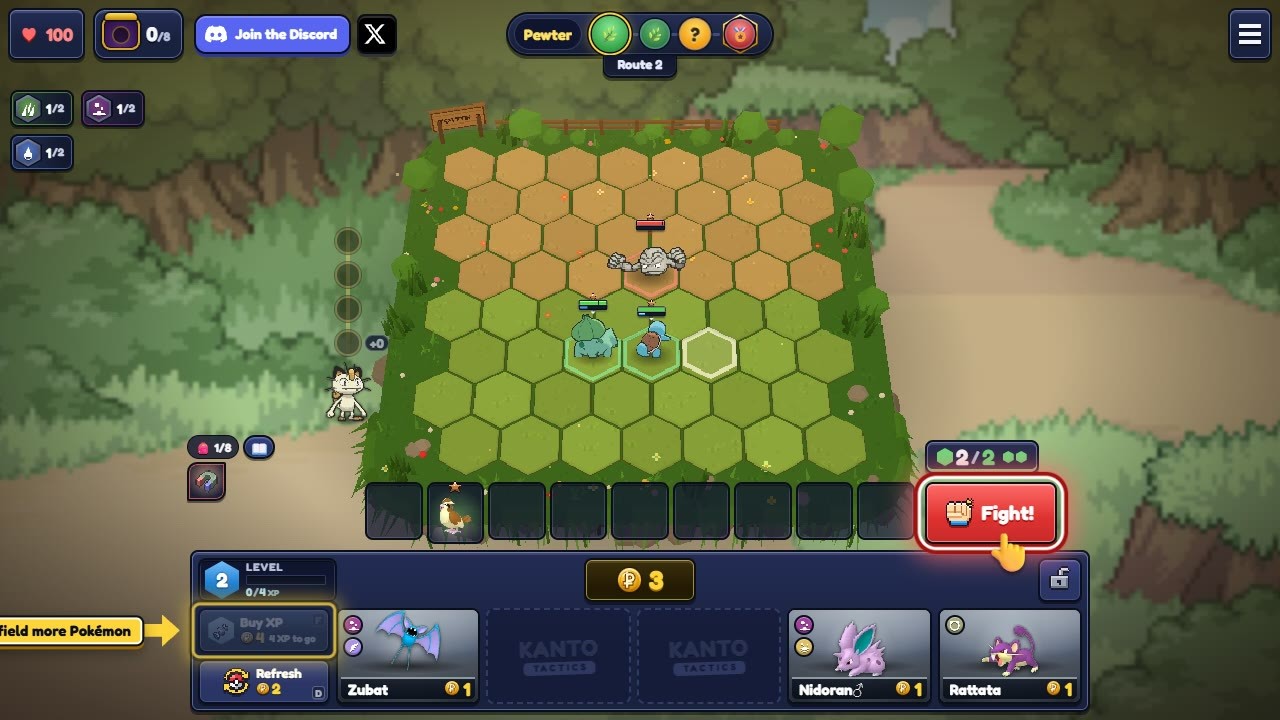 Two Pokémon placed on the hex board, ready to fight.