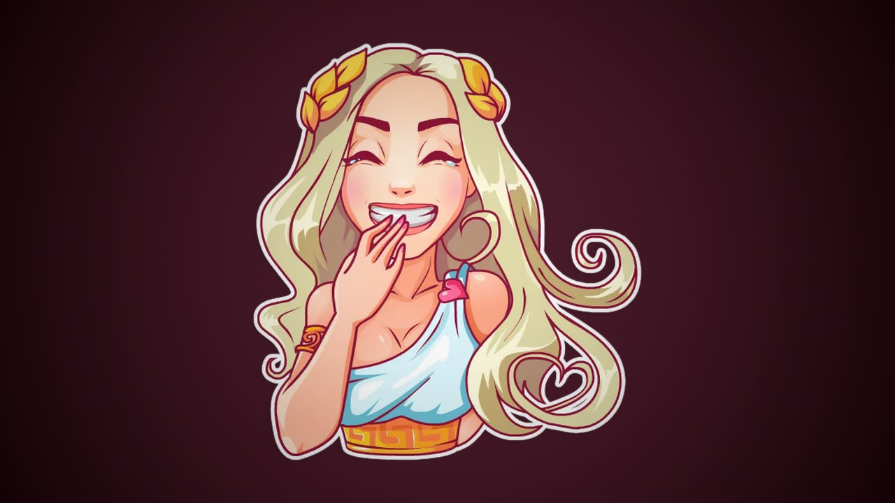 A sticker - a laughing goddess in a laurel crown.