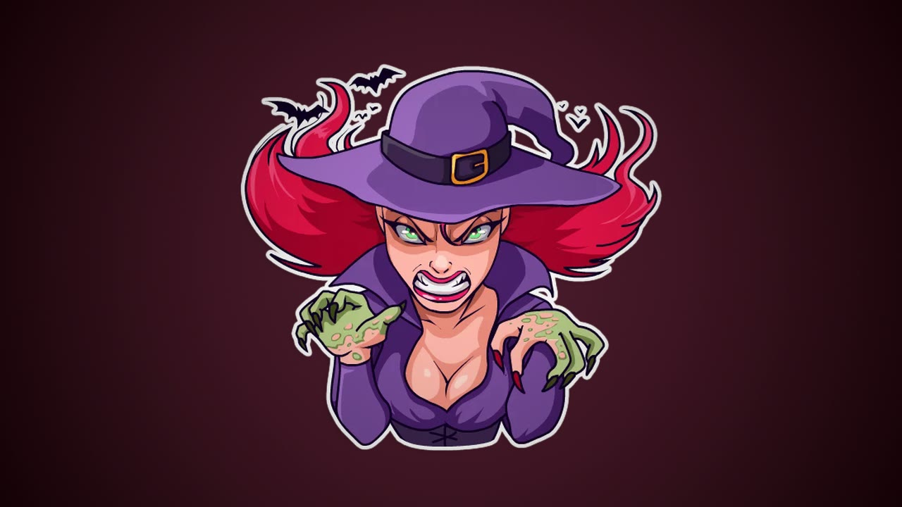 A sticker - a witch in a purple hat.