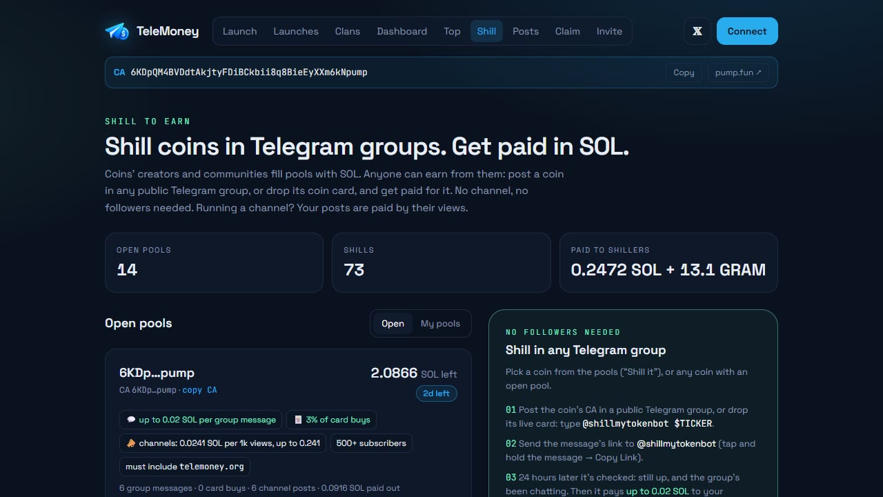 Shill to earn - pools that pay for posting a coin in Telegram groups.