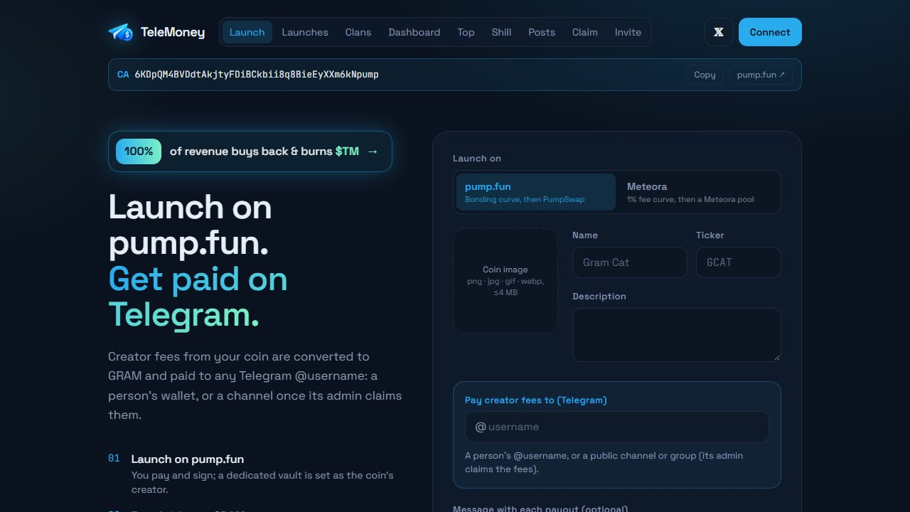The launch form - pick pump.fun or Meteora and the @username fees are paid to.