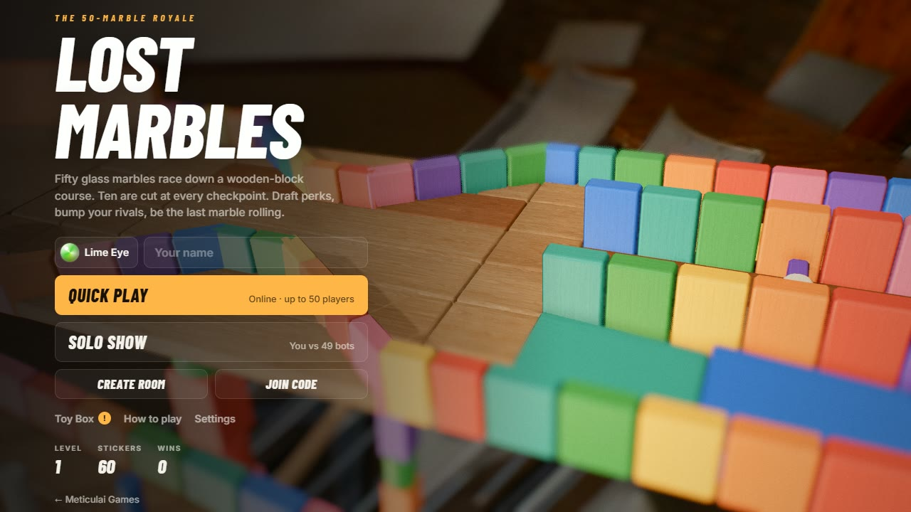 The title screen - Quick Play online, or a Solo Show against 49 bots.