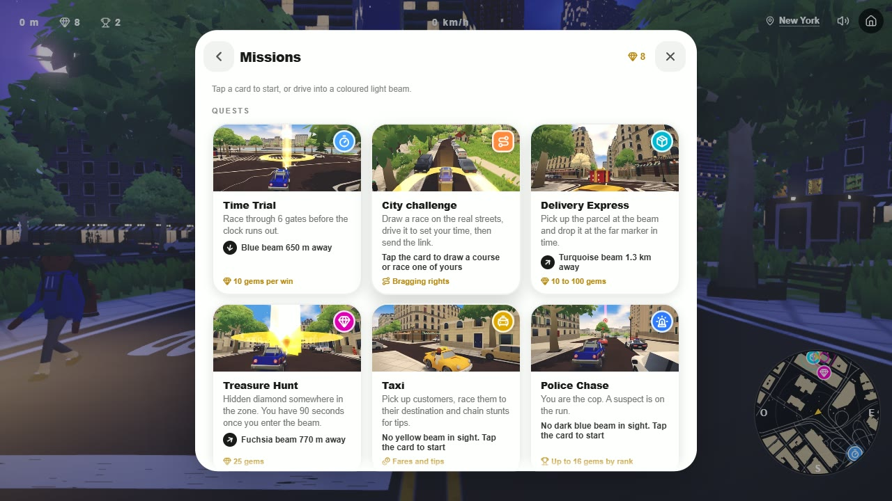 The Missions panel - each quest starts from a card or a coloured light beam.