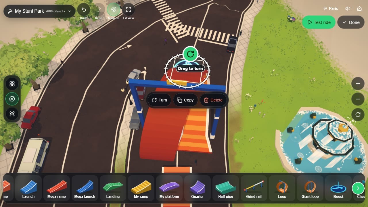 Building a Stunt Park on a Paris street, from the tray of ramps and loops.