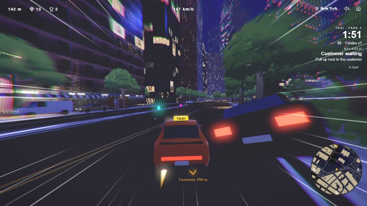 A Taxi fare at night in New York, racing to a waiting customer.