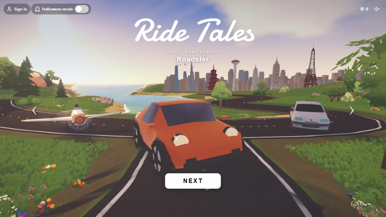 Choosing a vehicle on the title screen, with the Roadster up front.