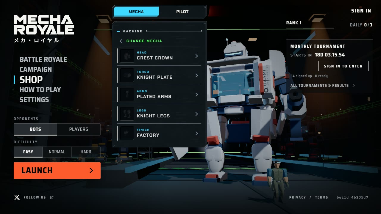 The shop - head, torso, arms, legs and finish for the mech.