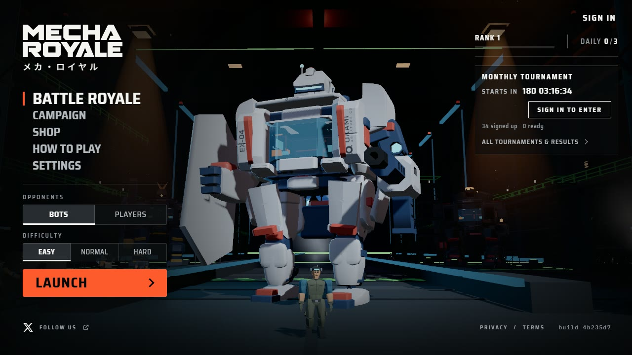 The hangar, a mech with its pilot standing in front of it.