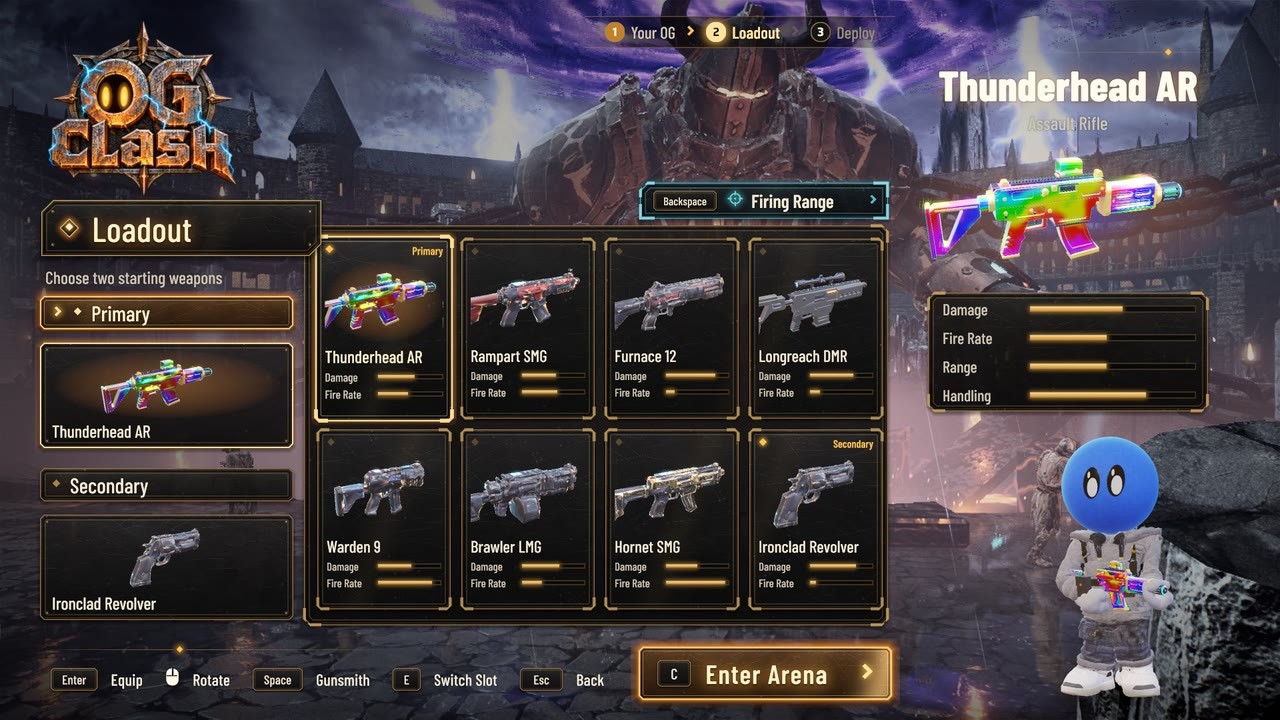 The loadout - two starting weapons from eight, the Thunderhead AR first.