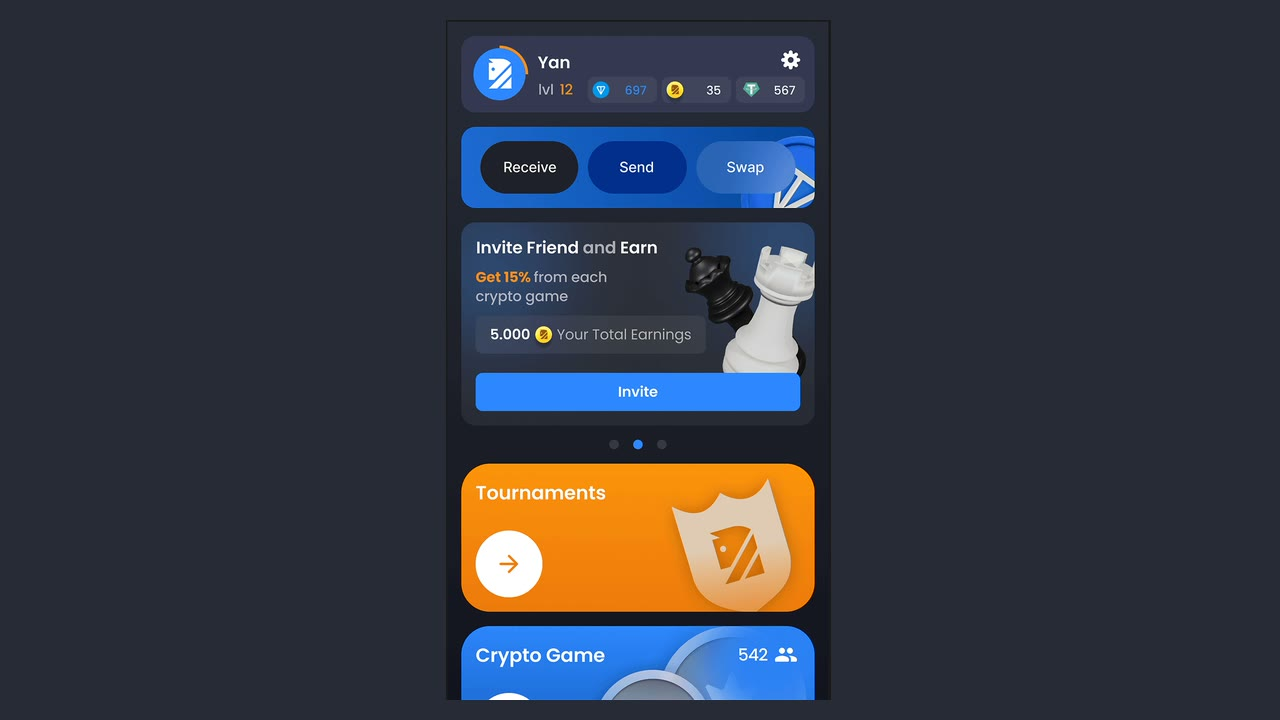 The home screen - balances, the invite card, Tournaments and the Crypto Game.