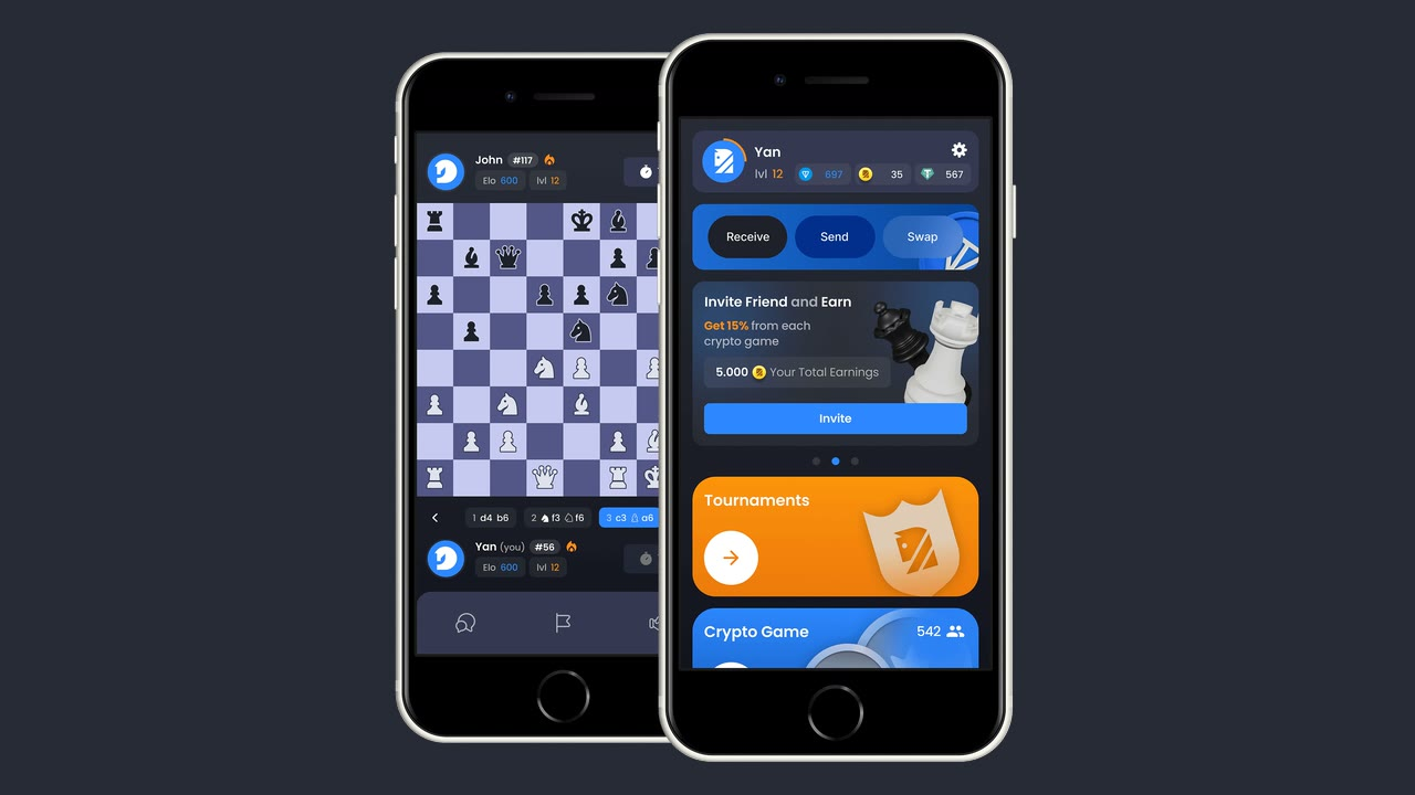 A game in progress and the home screen, from the mockups on edchess.io.