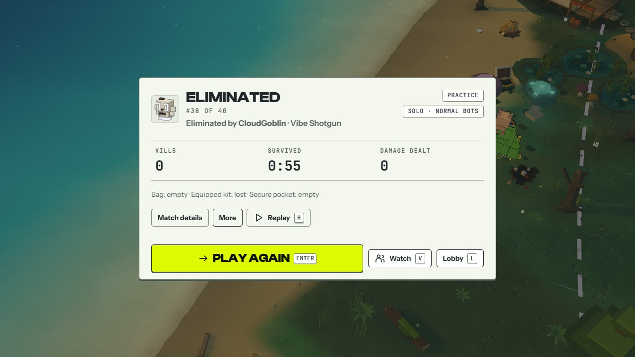 Eliminated, with the time survived and Play again.