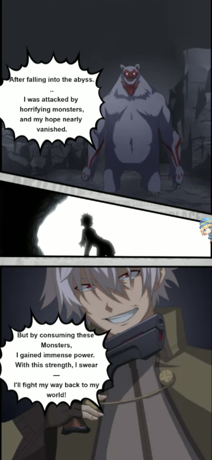 Hajime, changed by the abyss, swearing to fight his way back.