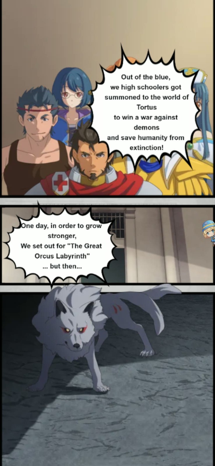 The opening comic - high schoolers summoned to Tortus.