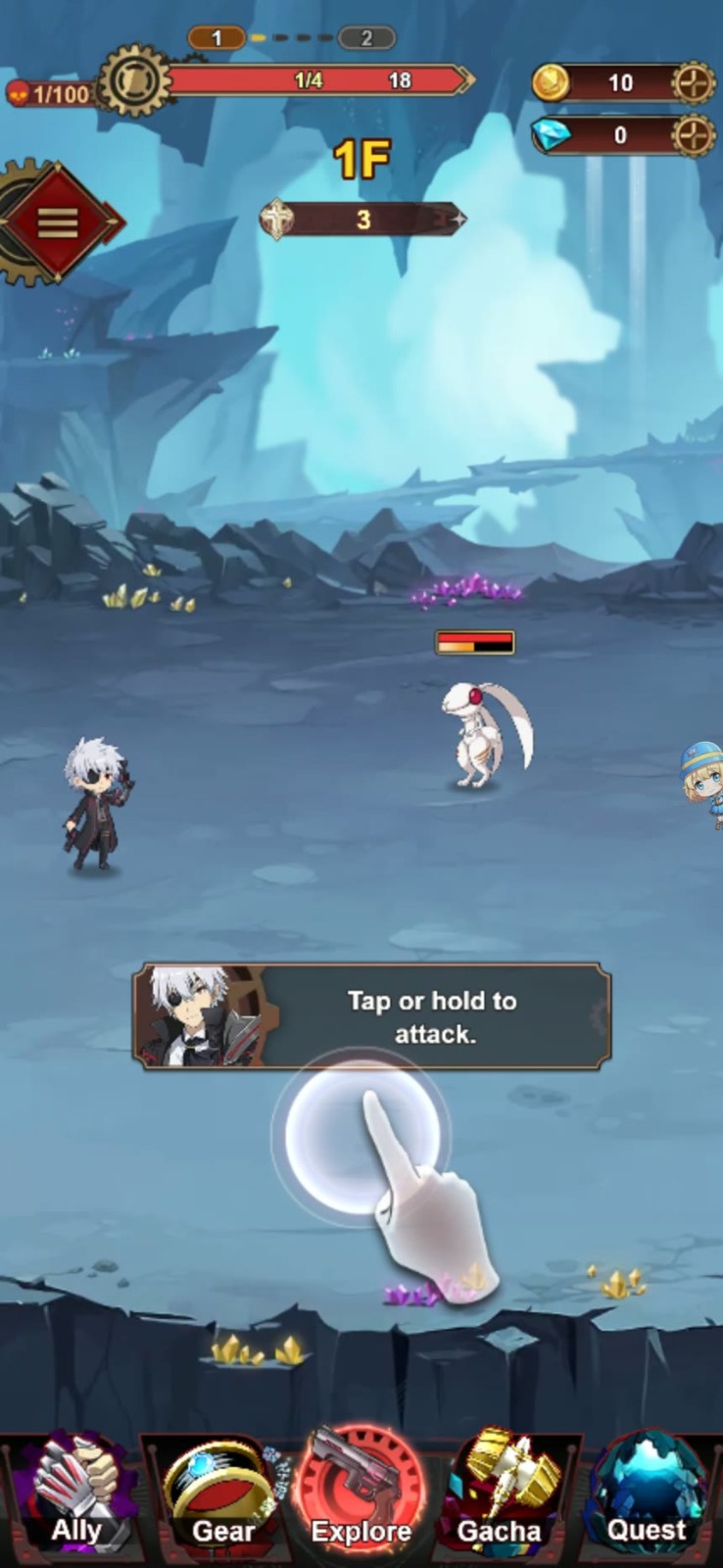 The first floor, and the tutorial - tap or hold to attack.