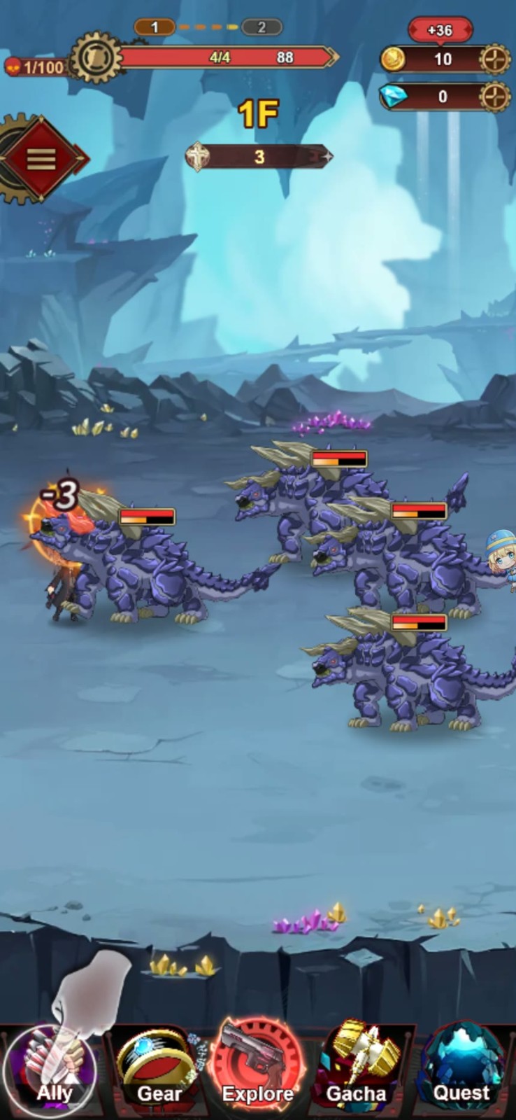 A pack of monsters on 1F, with Ally, Gear, Explore, Gacha and Quest below.
