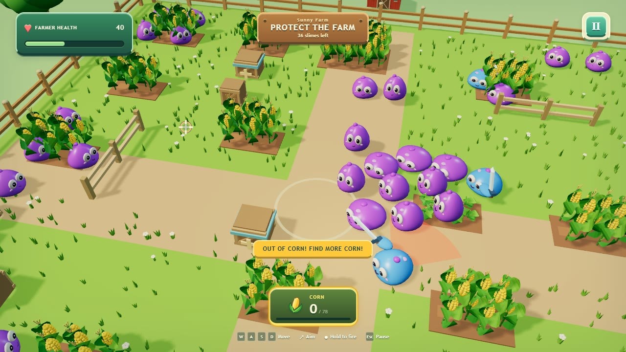 Blasting corn into a crowd of slimes.