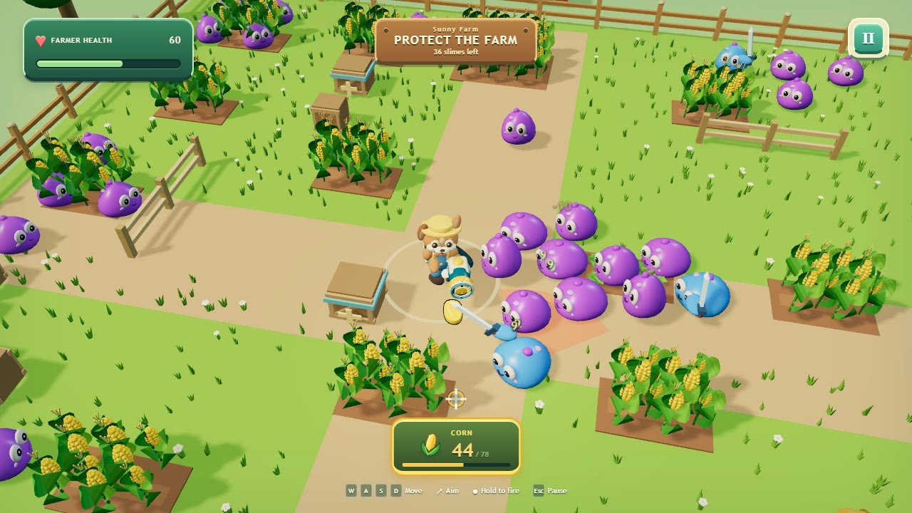 Sunny Farm, protecting the farm from the first wave of slimes.