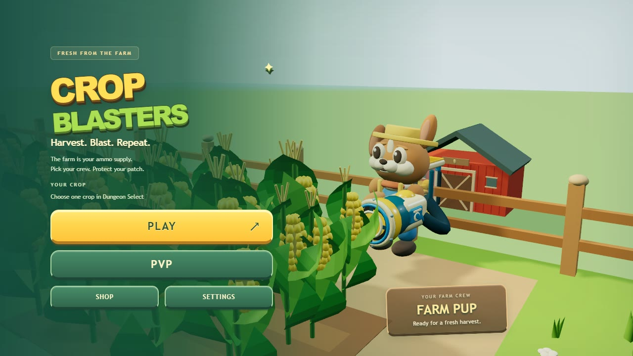 The title screen - the Farm Pup, blaster in hand.